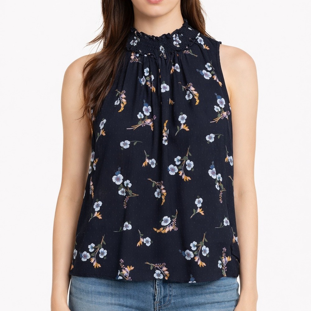 Rebecca Taylor Black Floral Smocked Neck Sleeveless 100% Silk Blouse Romantic 10